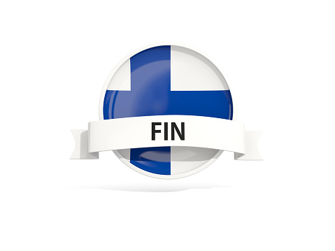 Flag of finland with banner and country code isolated on white. 3D illustration