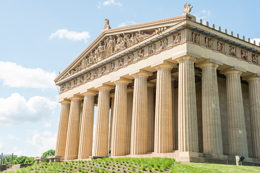 Parthenon replica landmark architecture in Centennial Park in downtown Nashville, Tennessee, USA. Photographed with a Nikon D800 DSLR in spring.