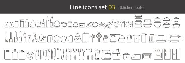 simple kitchen tools line icon set, vector illustration black simple kitchen tools icon set, vector illustration. kitchenware shop stock illustrations