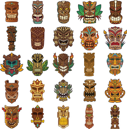 Tiki head set designed in different colors