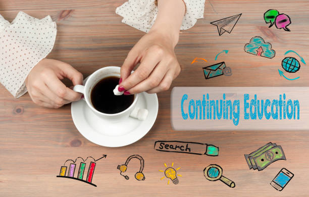 istock Continuing Education. Coffee cup top view on wooden table background 640999712