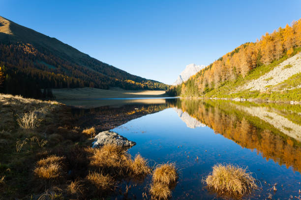 istock Reflections on water, autumn panorama from mountain lake 641000392