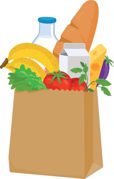 Groceries Paper bag with groceries: milk, bread, fruits, vegetables, cheese groceries illustrations stock illustrations