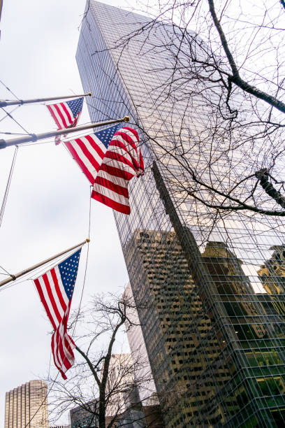 istock US Flag on Manhattan buildings in New York downtown. 641003650