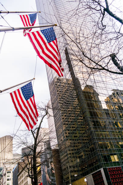 istock US Flag on Manhattan buildings in New York downtown. 641003656