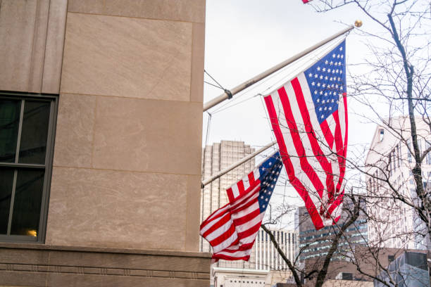 istock US Flag on Manhattan buildings in New York downtown. 641003658