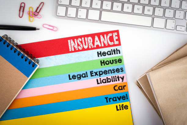 istock Insurance. Office desk with a computer keyboard and color pages 641005806