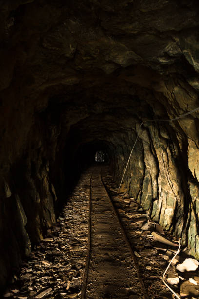 istock Tunnel in disused mine with rails 641010430