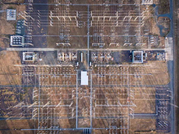 Aerial view of a high voltage substation Aerial view of a high voltage substation electricity substation photos stock pictures, royalty-free photos & images