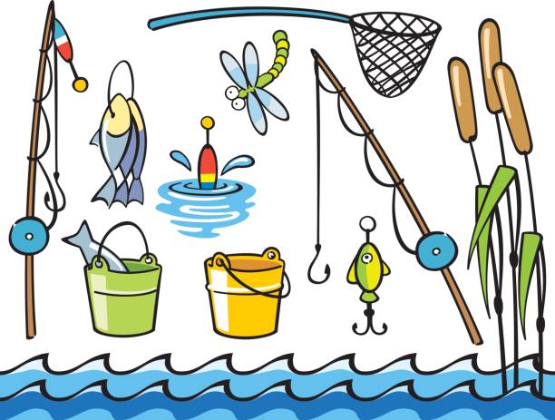 Fishing items set vector art illustration
