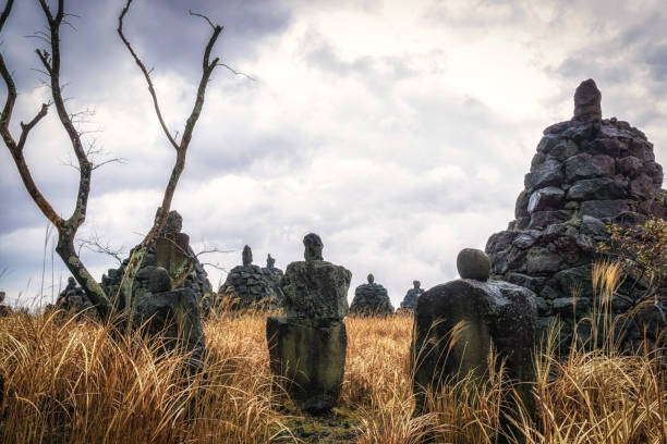 bangsataps among the tall grasses in jeju stone park in south korea