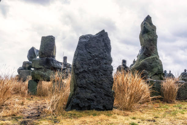 bangsataps among the tall grasses in jeju stone park in south korea