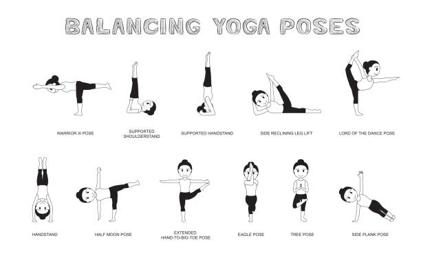 Yoga Balancing Poses Vector Illustration Monochrome Yoga Posture EPS10 File Format headstand stock illustrations