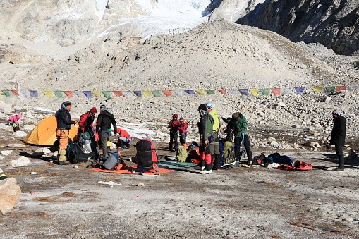 Climber test equipment and prepare build highcamp before clim to  Larkya summit  tomorrow in Manaslu circuit ,Nepal on November 2,2016