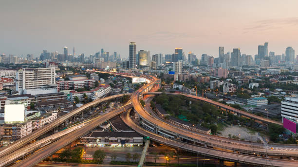istock Aerial view City office building with highway intersection 641022534
