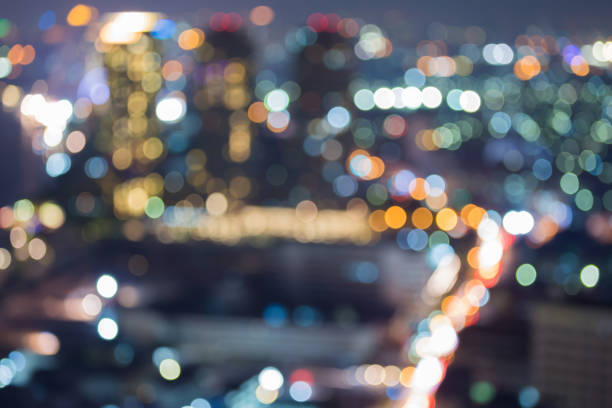 istock Blurred bokeh lights bity city aerial view 641023538