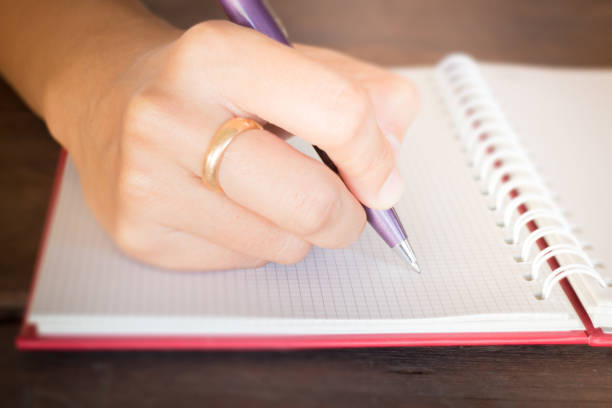 istock Woman hand writing on noteboook paper 641024208