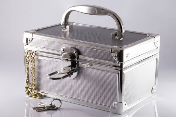 istock Silvery suitcase-box with keys and gold chain 641027436