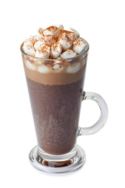 istock Hot chocolate with marshmallows in glass cup on white 641034008