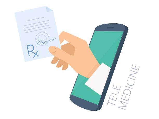 Doctor's hand holding rx through the phone screen giving prescription. Doctor's hand holding rx through the phone screen giving the prescription to patient. Tele, online medicine flat concept illustration. Vector design infographic element isolated on white background. through stock illustrations