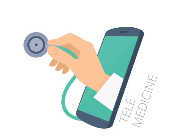 Doctor's hand holding stethoscope through the phone screen checking pulse. Doctor's hand holding a stethoscope through the phone screen checking pulse. Tele, online, remote medicine flat concept illustration. Vector design infographic element isolated on white background. through stock illustrations