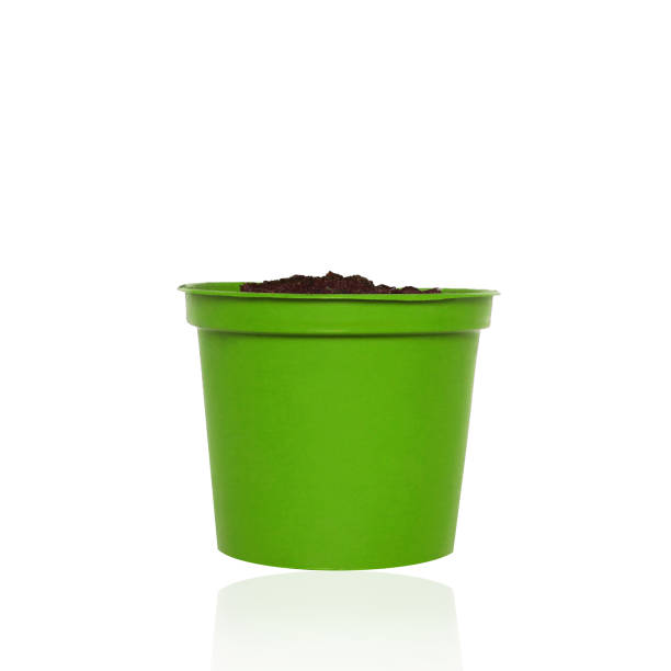 istock Green pot with handful soil for growing plant isolated on a white background 641038680