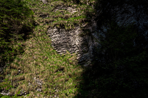 horizontal shot of mountain rock background in shadows. spring day.