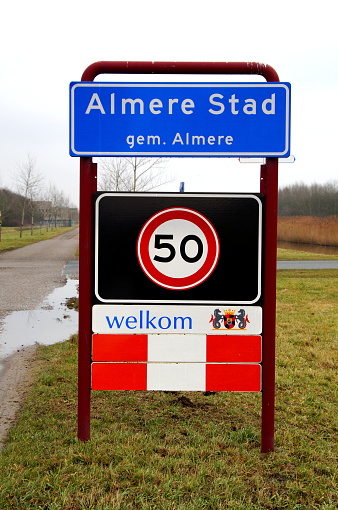 Almere Stad, Flevoland, The Netherlands - Februari 5, 2017: City entering sign Almere Stad.