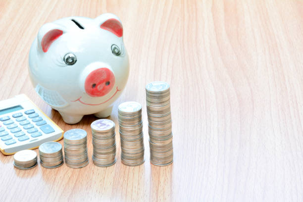 istock Finance stack coins and piggy bank on wood table 641042812