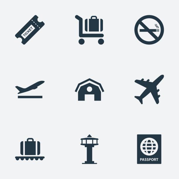 Set Of 9 Simple Transportation Icons. Set Of 9 Simple Transportation Icons. Can Be Found Such Elements As Cigarette Forbidden, Plane, Flight Control Tower And Other. airport stock illustrations
