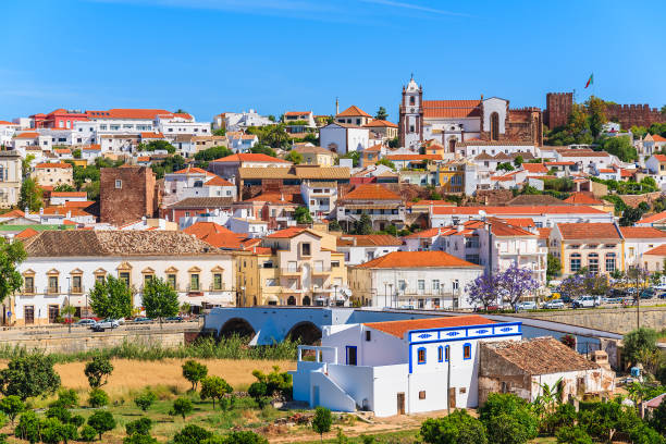 vista dos edifícios de cidade de silves com o famoso castelo e catedral, região do algarve, portugal - town of blossom - fotografias e filmes do acervo