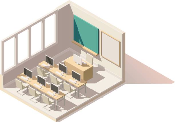 Vector isometric low poly computer classroom Vector isometric low poly computer classroom cutaway icon. Includes school desks, chairs, blackboard and computers lecture hall illustrations stock illustrations