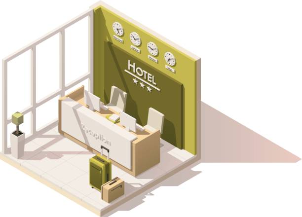 stockillustraties, clipart, cartoons en iconen met vector isometrische laag poly hotel ontvangst pictogram - hotel lobby