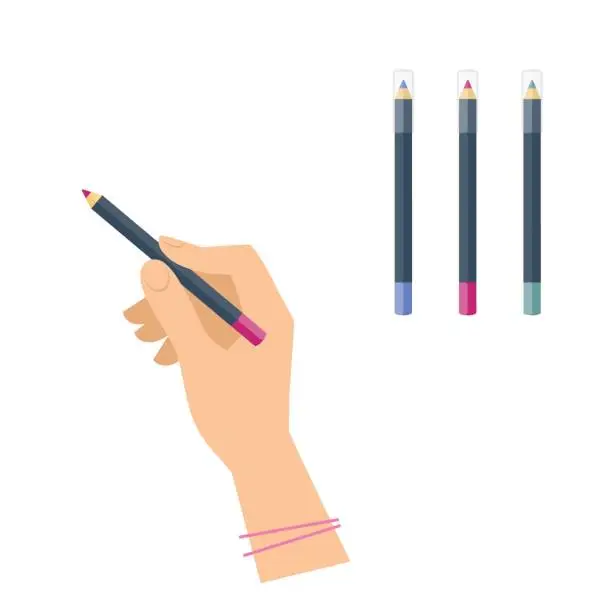 Vector illustration of Women's hand with cosmetic product: eyeliner, eyebrow, lip pen.