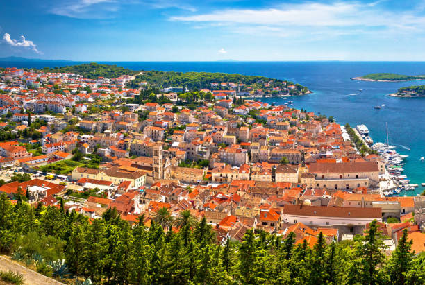 istock Hvar island old historic center aerial panoramic view 641062352