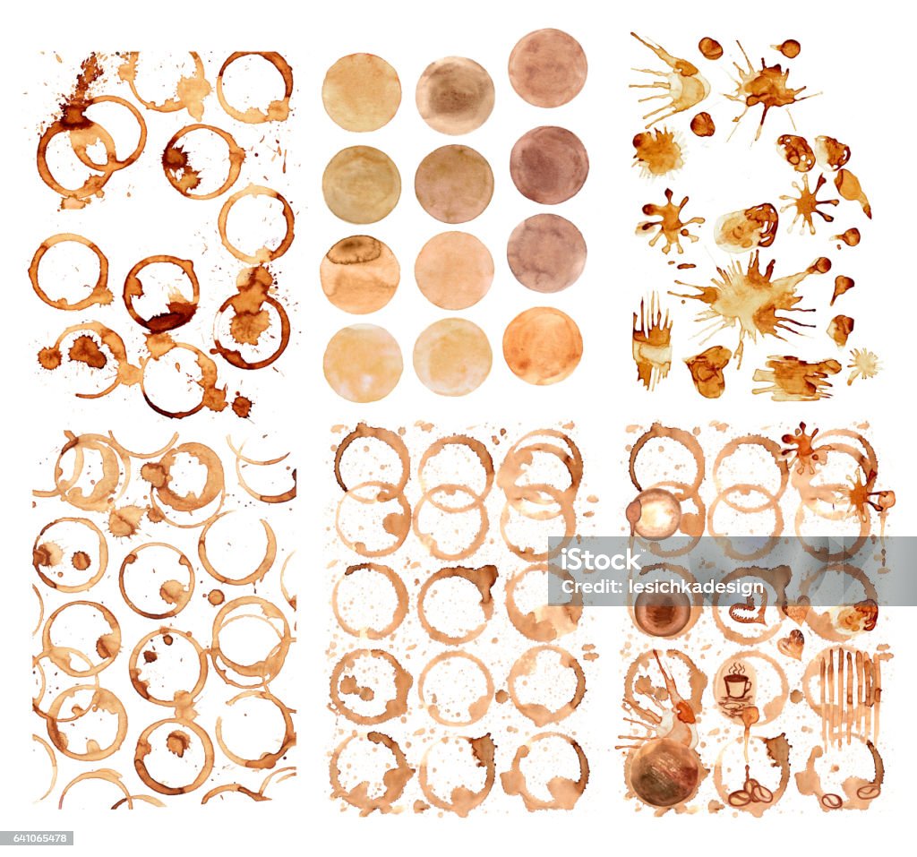 Coffee paint stains  splashes Coffee paint stains splashes and harts isolated on white background. Coffee cup marks set. Coffee - Drink stock illustration
