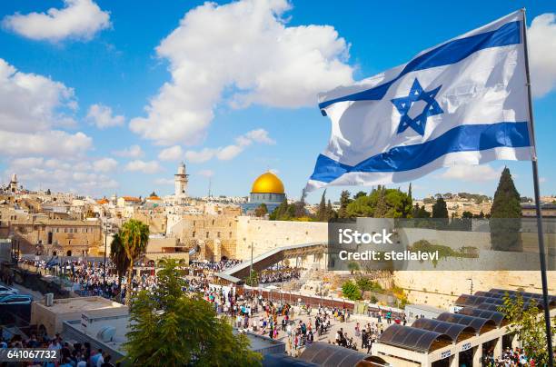 Jerusalem Old City Western Wall With Israeli Flag Stock Photo - Download Image Now - Israel, Jerusalem, Israeli Flag