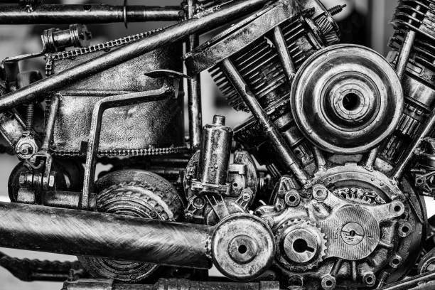 Old motorcycle engine block. Old motorcycle engine block, Black and Whit tone, monochrome. selective focus. used motorcycle parts stock pictures, royalty-free photos & images