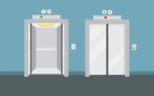 Vector illustration of Open and closed elevator doors