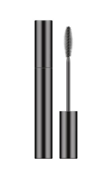Tube with mascara and brush. Realistic black plastic tube with mascara and brush. 3d package. Container of cosmetic product for eye beauty. Vector illustration isolated on white background. eyeliner brush stock illustrations