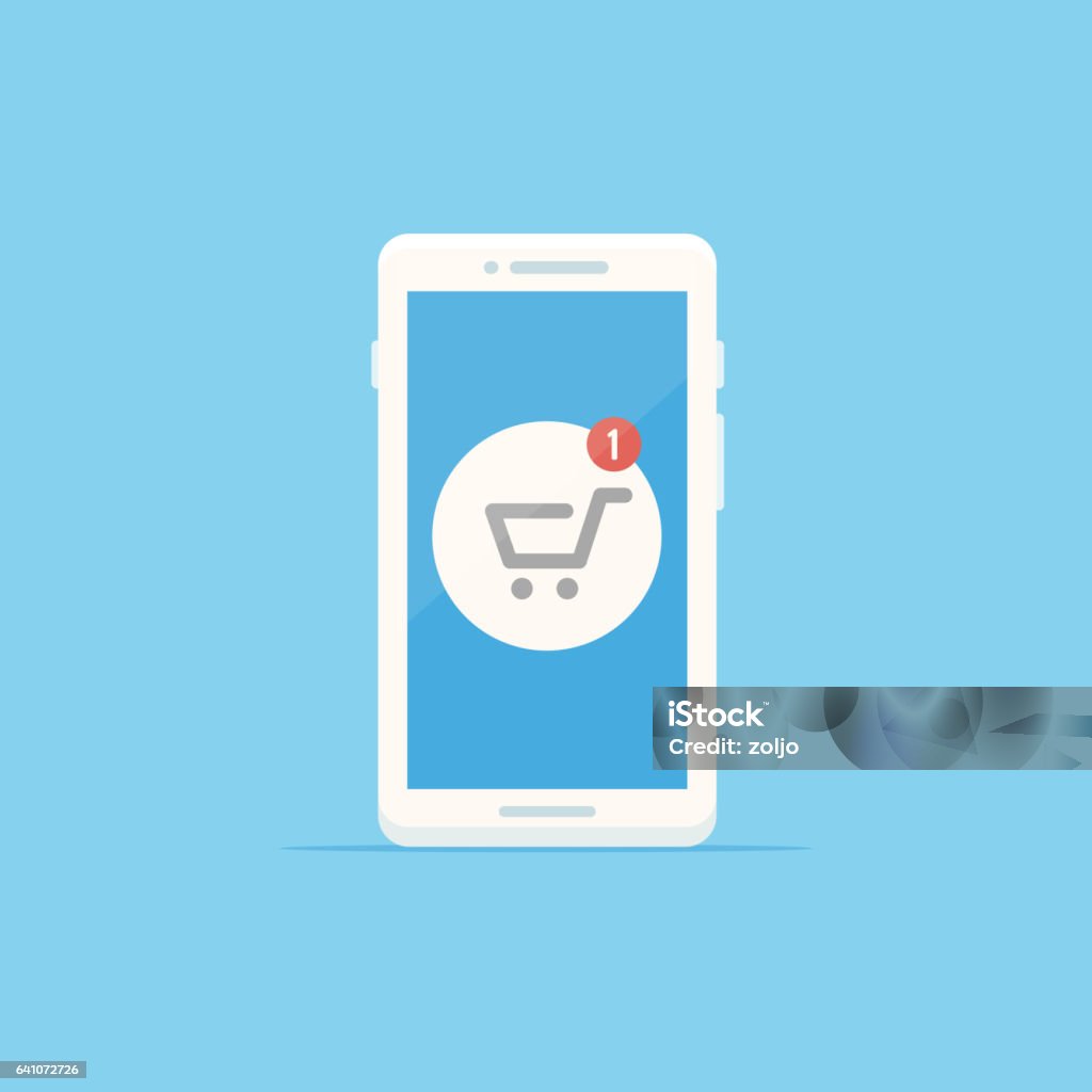 Shopping Cart White smartphone with shopping cart icon showing one item notification vector illustration in flat style Online Shopping stock vector