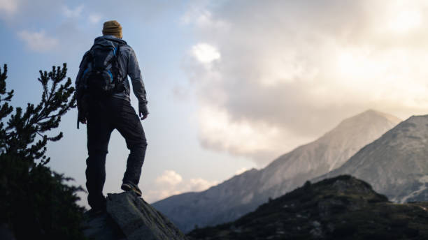 istock Traveler with backpack looks on a mountain peak 641075676