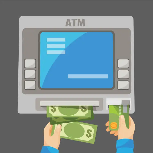 Vector illustration of Hand inserting credit card into grey ATM and withdrawing money
