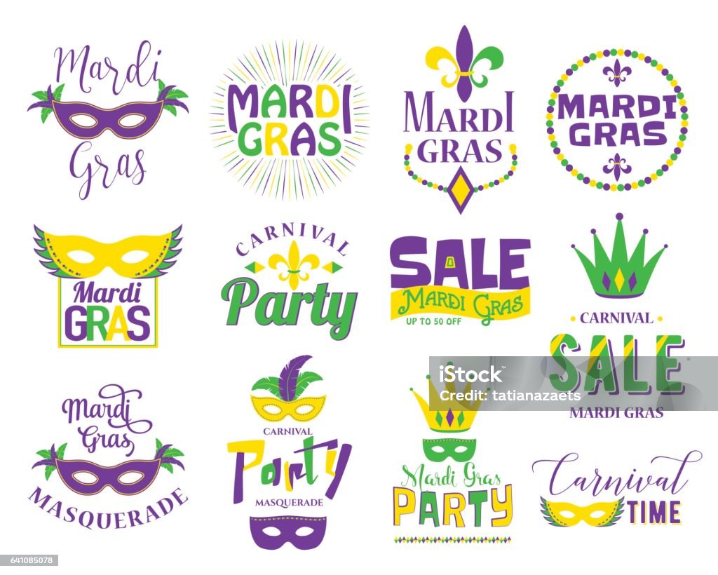 Mardi Gras de lettrage jeu de typographie. Emblèmes, logo avec signe de texte - clipart vectoriel de Mardi Gras - Carnaval libre de droits