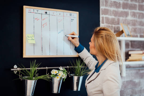 istock Business woman writing on whiteboard in her office 641086574