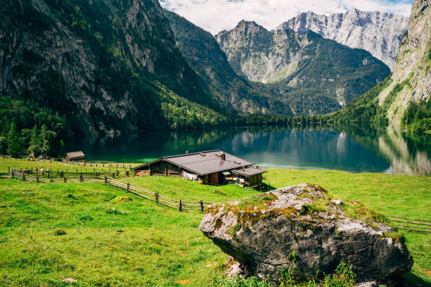 idyllic obersee lake, berchtesgadener land, bavaria, germany - footpath european alps fence woods imagens e fotografias de stock