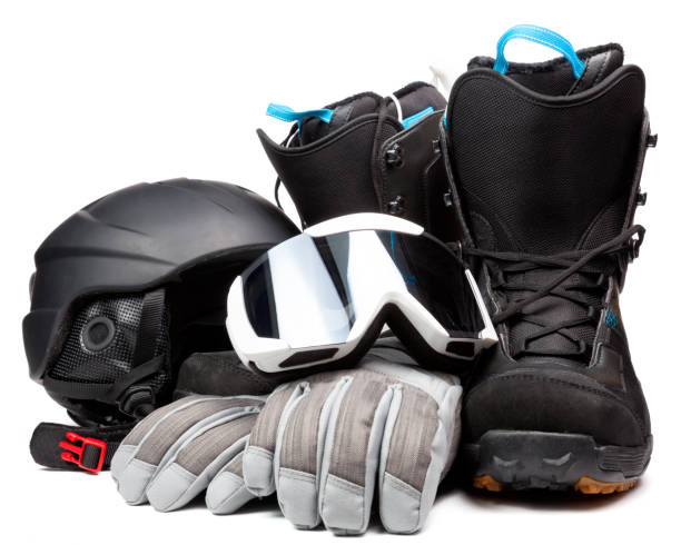 snowboarding  accessories boots goggles gloves helmet - snowboard boot imagens e fotografias de stock
