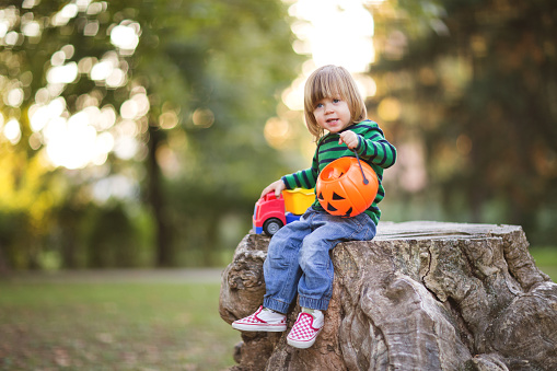 Little blond boy playing with pumpkin bucket and truck toy in the park