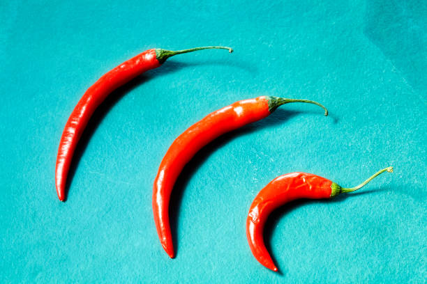 istock Red chili pepper on a blue slate background 641091276