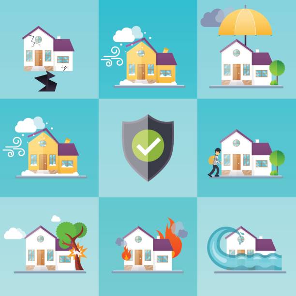 House insurance business service icons template. House insurance business service icons template. Property insurance. Big set house insurance. Vector illustration concept of insurance. flooded home stock illustrations